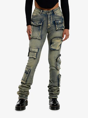 Vintage Wash Cargo Stacked Denim Pants