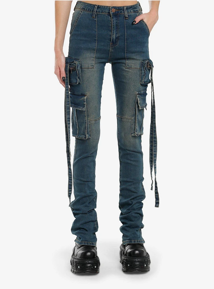 Dark Indigo Vintage Wash Cargo Stacked Skinny Jeans