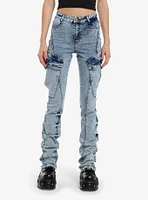 Light Indigo Acid Wash Cargo Stacked Denim Pants