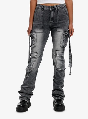 Grey Wash Cargo Stacked Denim Pants