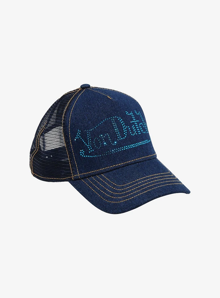 Von Dutch Rhinestone Logo Blue Denim Trucker Hat