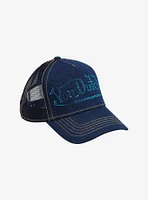 Von Dutch Rhinestone Logo Blue Denim Trucker Hat