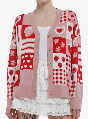 Sweet Society Strawberries Pink & Red Patchwork Girls Cardigan