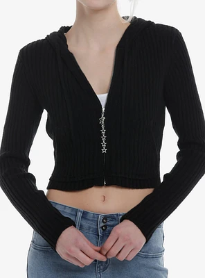 Black Ribbed Star Charm Girls Crop Hoodie