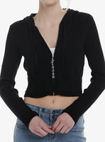 Black Ribbed Star Charm Girls Crop Hoodie