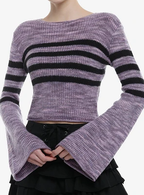 Purple & Black Stripe Marled Bell Sleeve Girls Crop Sweater