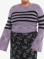 Purple & Black Stripe Marled Bell-Sleeve Girls Crop Sweater Plus