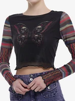 Social Collision Skull Butterfly Mesh Crop Girls Long-Sleeve Top