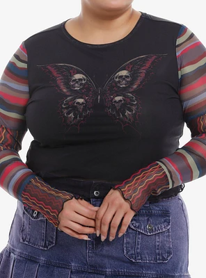 Social Collision Skull Butterfly Mesh Girls Crop Long-Sleeve Top Plus