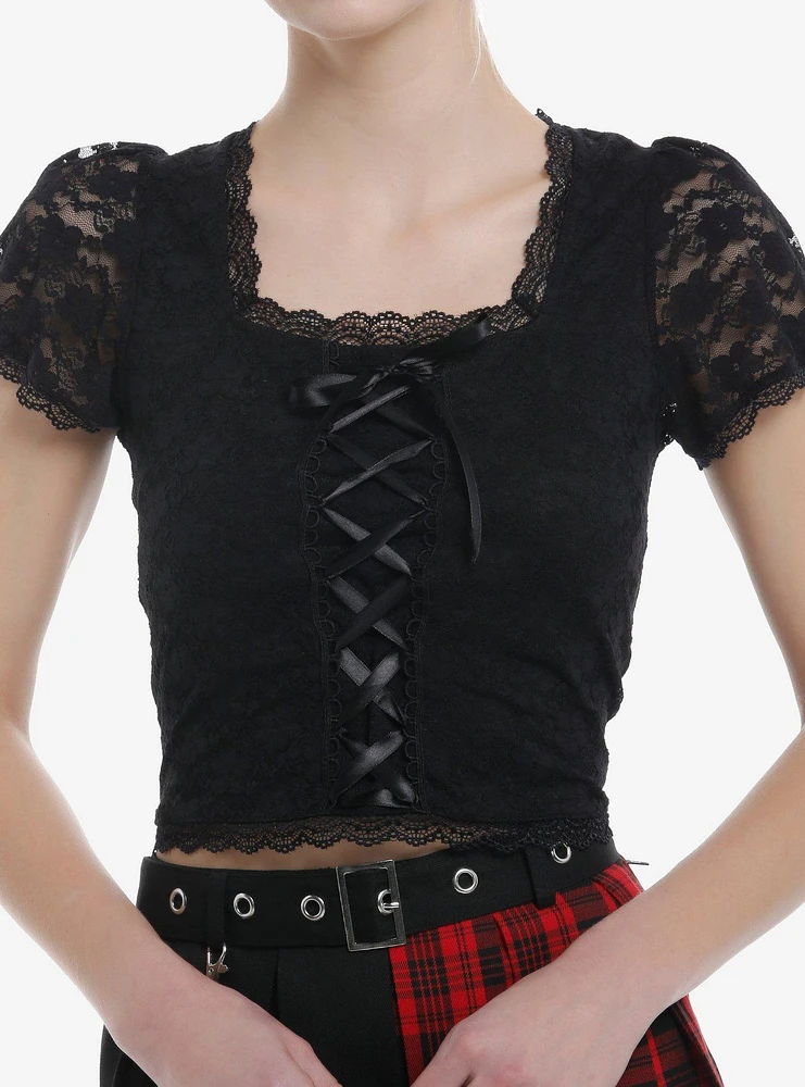 Cosmic Aura Black Ribbon Lace-Up Girls Crop Top