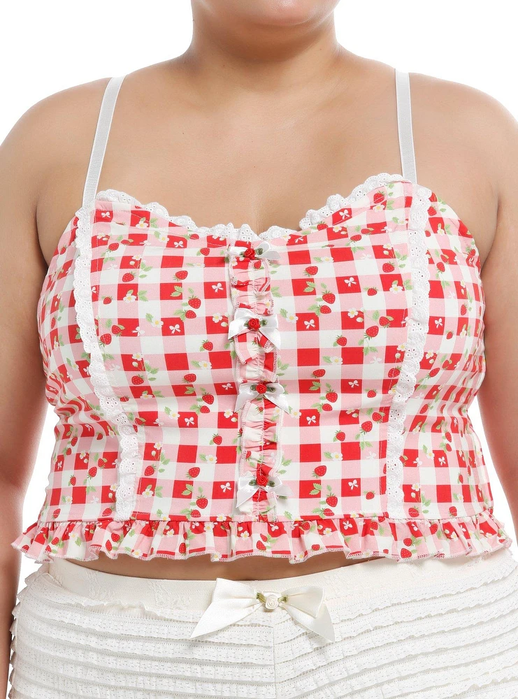 Sweet Society Strawberries Red & Pink Gingham Crop Girls Top Plus