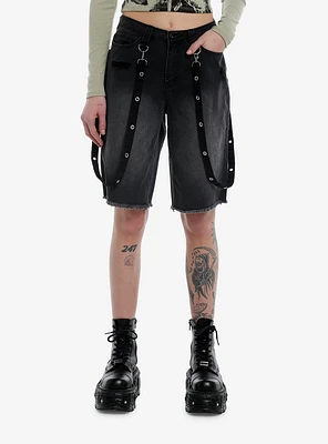 Black Washed Grommet Suspender Denim Long Shorts