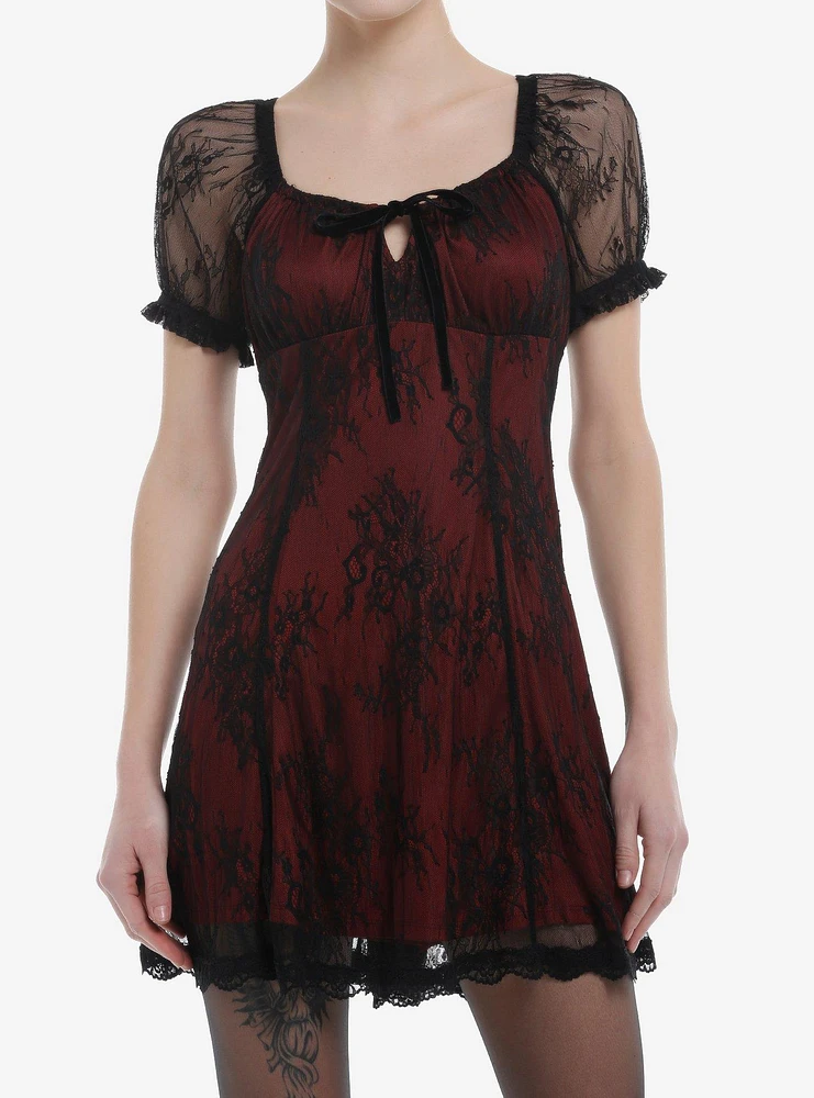 Cosmic Aura Red & Black Lace Empire Dress