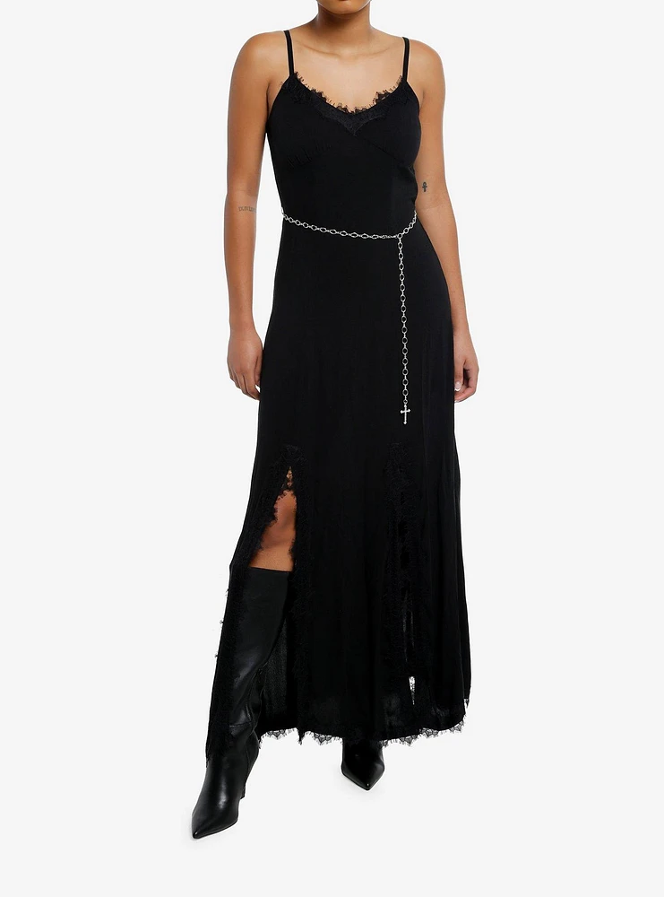 Cosmic Aura Black Double Slit Cross Chain Belt Maxi Dress