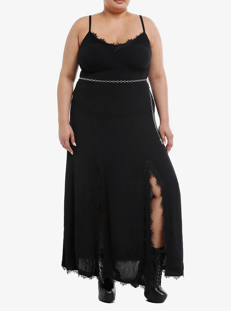 Cosmic Aura Black Double Slit Cross Chain Belt Maxi Dress Plus