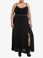 Cosmic Aura Black Double Slit Cross Chain Belt Maxi Dress Plus