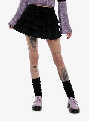 Social Collision Black Lace-Up Ruffle Skirt