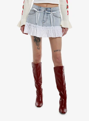 Sweet Society White Eyelet Trim Ribbon Denim Skirt