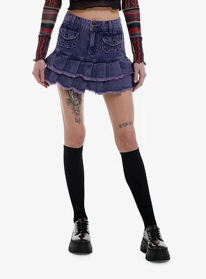 Social Collision Purple Acid Wash Tiered Skirt