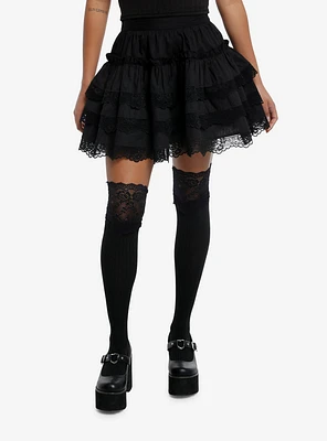 Cosmic Aura Black Lace Trim Tiered Mini Skirt