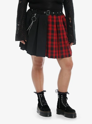 Social Collision Plaid Split Belted Skirt With Chain Plus