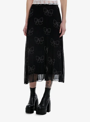 Cosmic Aura Black & Grey Bows Mesh Midi Skirt