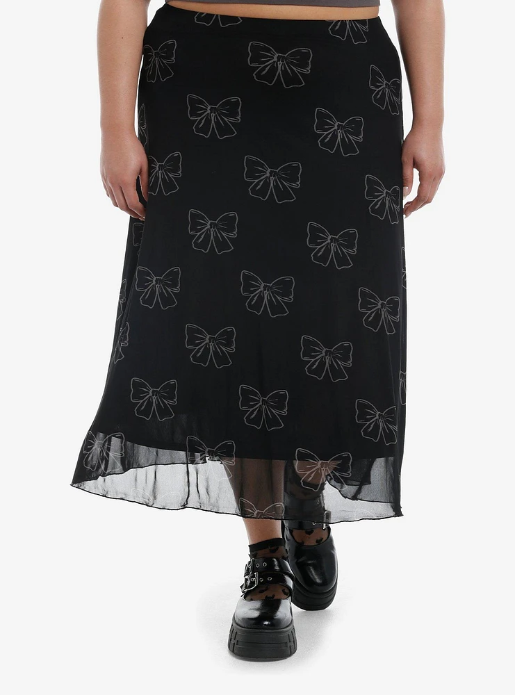 Cosmic Aura Black & Grey Bows Mesh Midi Skirt Plus