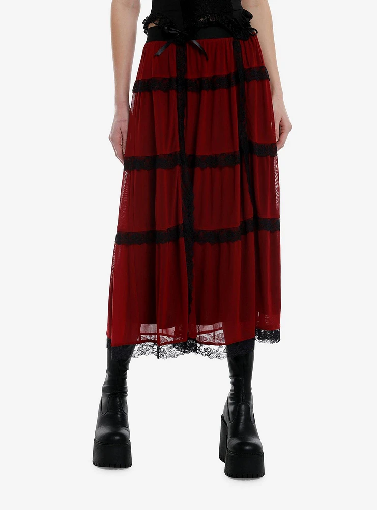 Cosmic Aura Red & Black Lace Midaxi Skirt