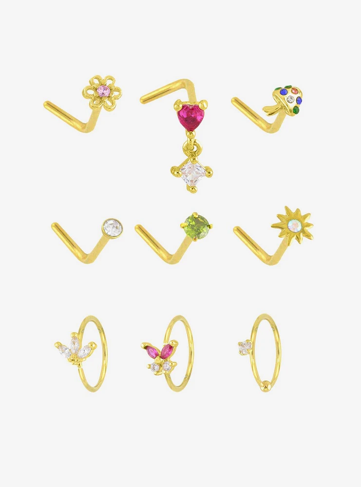 Steel Gold Mushroom & Daisy Nose Stud Hoop 9 Pack