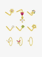 Steel Gold Mushroom & Daisy Nose Stud Hoop 9 Pack