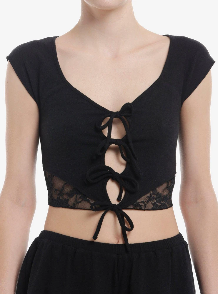 Thorn & Fable Black Lace Tie-Front Girls Top