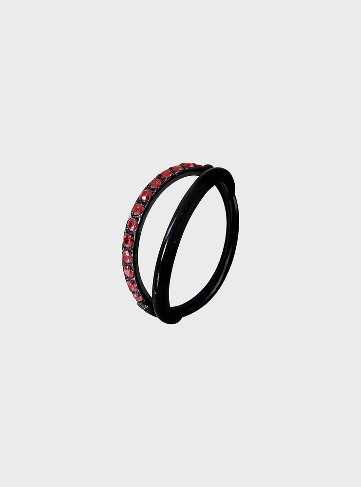 Steel Black Red CZ Gem Double Hoop Hinged Clicker