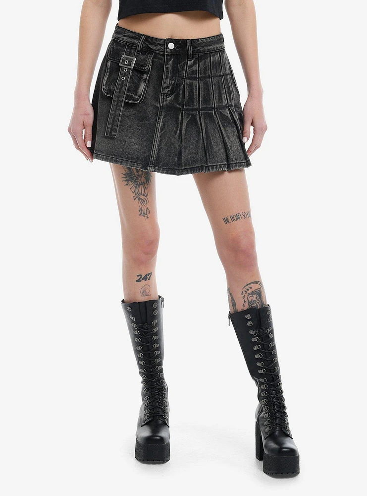 Black Washed Cargo Pleated Denim Mini Skirt