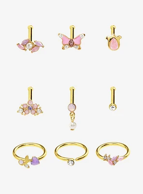 Steel Gold Pink Lily Of The Valley Floral Nose Stud & Hoop 9 Pack