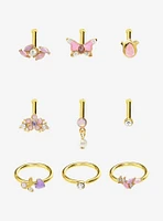 Steel Gold Pink Lily Of The Valley Floral Nose Stud & Hoop 9 Pack