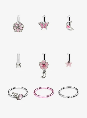 Steel Silver Pink Sakura Nose Stud & Hoop 9 Pack