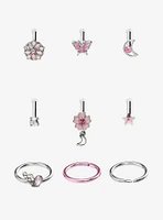 Steel Silver Pink Sakura Nose Stud & Hoop 9 Pack