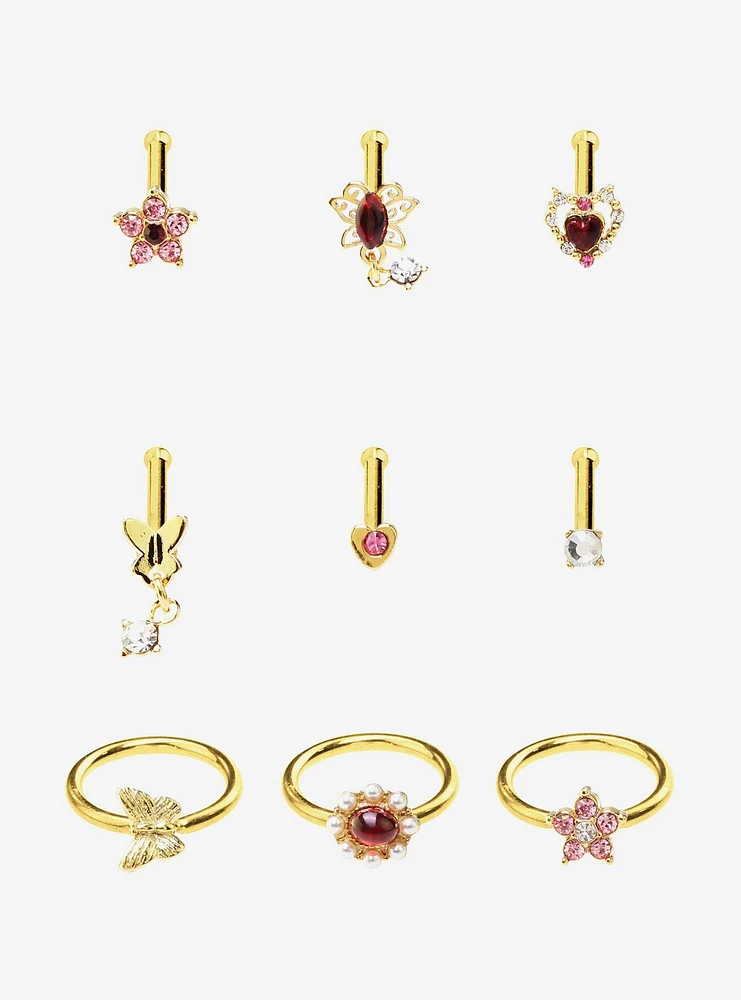 Steel Gold Magenta Gem & Butterfly Nose Stud Hoop 9 Pack