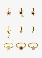 Steel Gold Magenta Gem & Butterfly Nose Stud Hoop 9 Pack