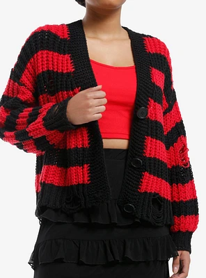 Red & Black Stripe Chunky Knit Girls Cardigan