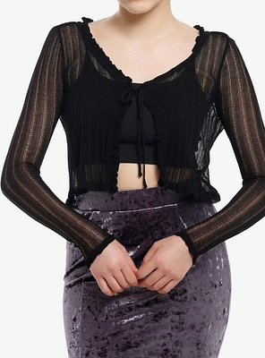 Cosmic Aura Black Mesh Tie-Front Girls Cardigan