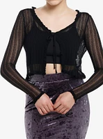 Cosmic Aura Black Mesh Tie-Front Girls Cardigan