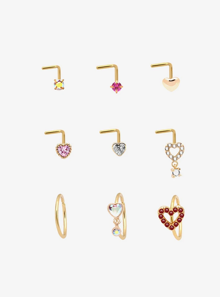 Steel Gold Pink Heart Nose Stud & Hoop 9 Pack