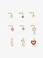 Steel Gold Pink Heart Nose Stud & Hoop 9 Pack