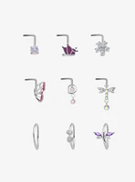 Steel Silver Dragonfly & Flower Nose Stud Hoop 9 Pack