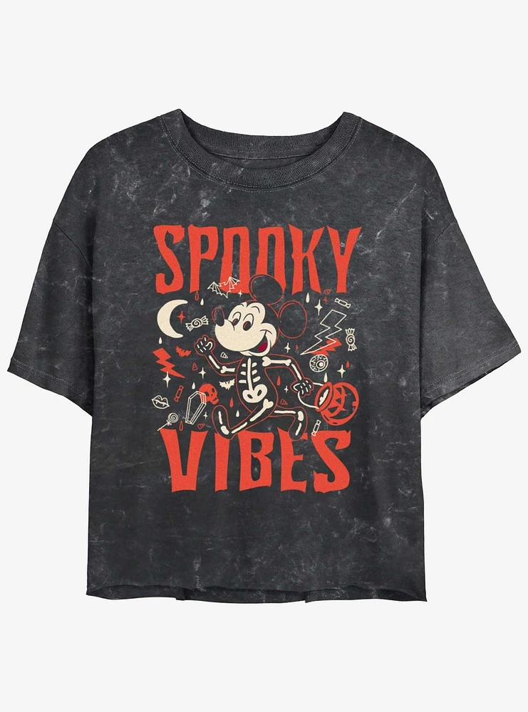 Disney Mickey Mouse Spooky Vibes Girls Mineral Wash Crop T-Shirt