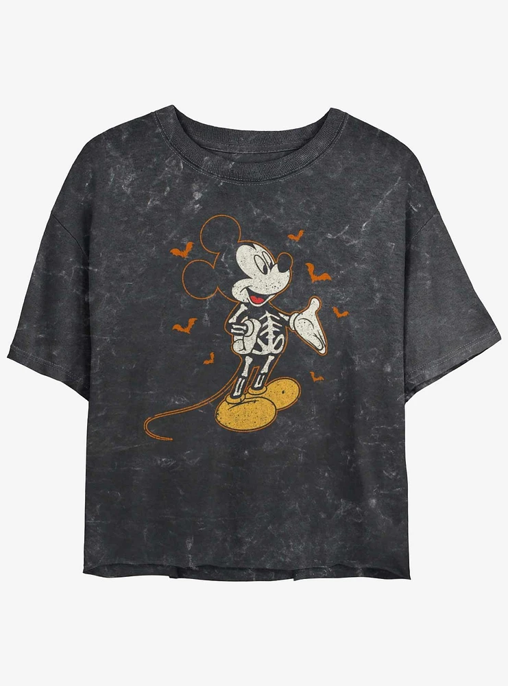 Disney Mickey Mouse Skeleton Bats Girls Mineral Wash Crop T-Shirt