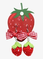 Sweet Society Crochet Strawberry Bow Drop Earrings