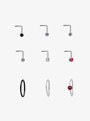 Steel Silver Basic Nose Stud & Hoop 9 Pack