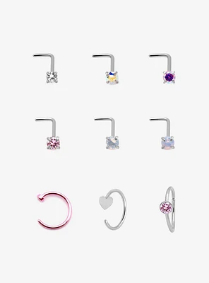 Steel Silver Gem & Heart Nose Stud Hoop 9 Pack